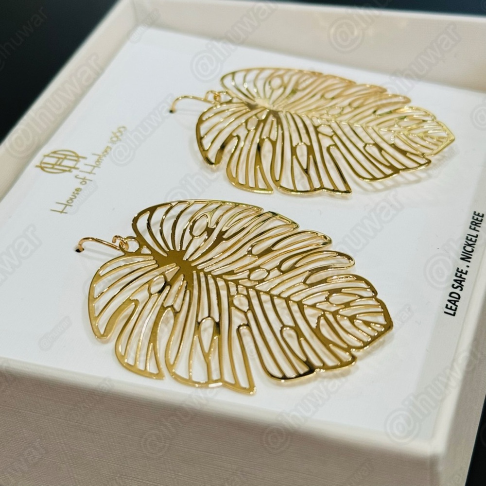 HOUSE OF HARLOW 1960 Gold Tone Palm Leaf Dangle Earrings - Picture 5 of 13